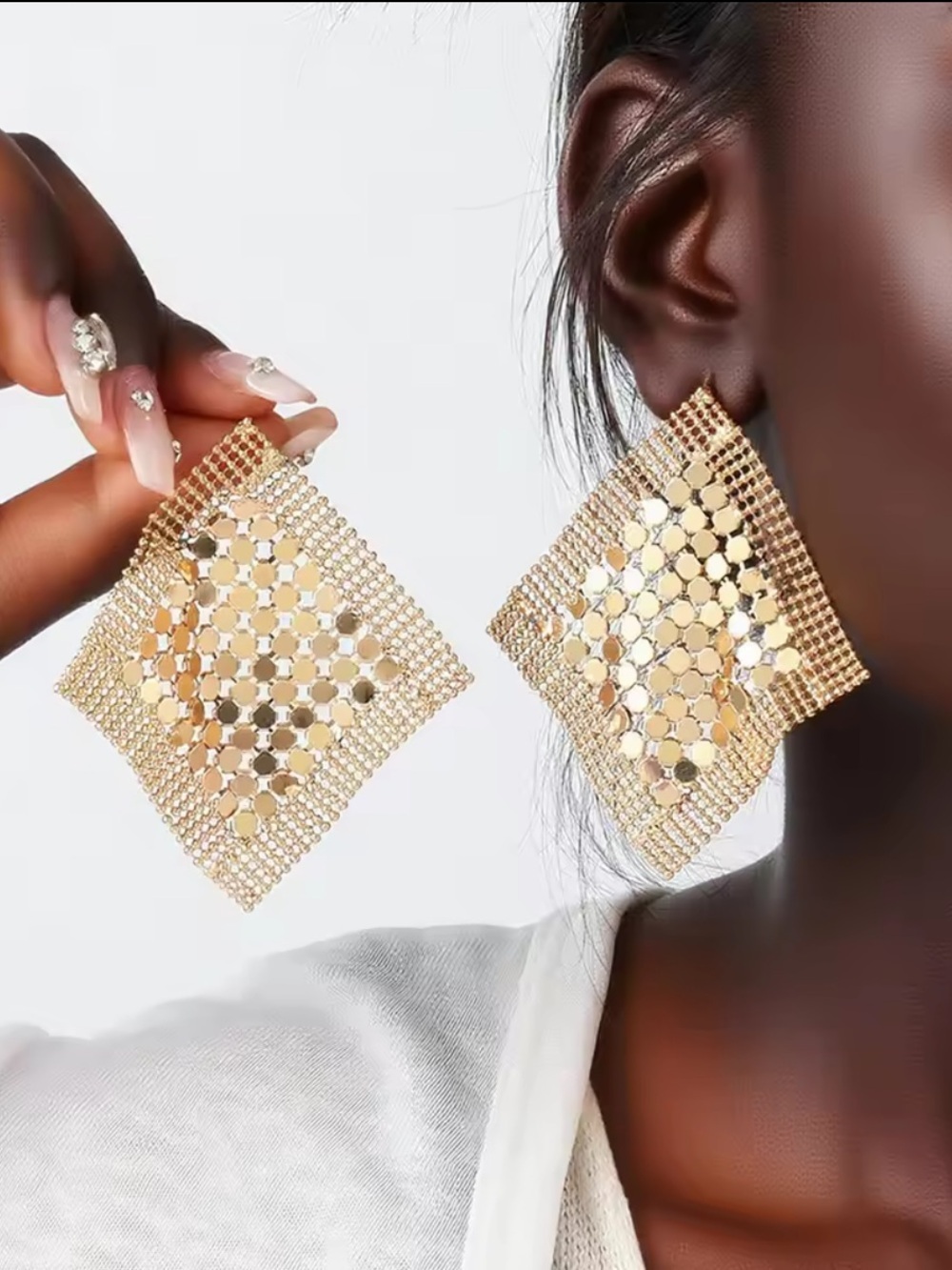 Gold Diamond-Mesh Drop Earrings